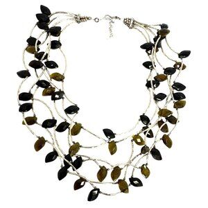 Multi-Strand Beaded Necklace With Black & Brown Beads Adjustable Chain